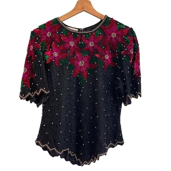 Vintage 90s Laurence Kazar Women Top Size XL Sequin Beaded Floral Party Holiday - Picture 2 of 13